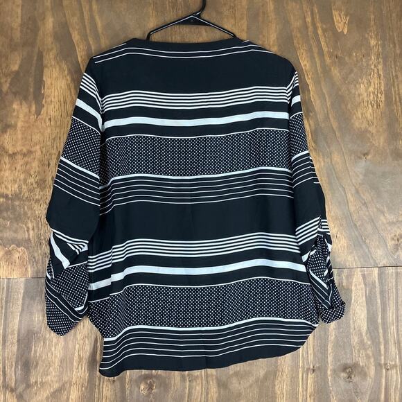 Loft Womens Blouse Black White Stripes Dot Print Petite Roll Tab Sleeve MP - Picture 10 of 12